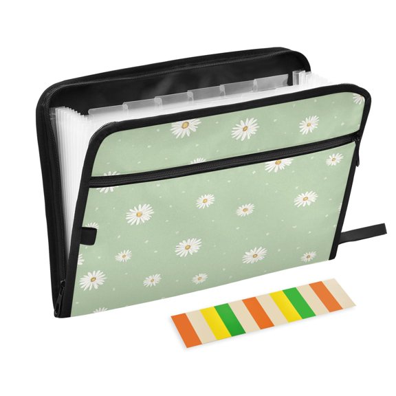 Accordion File Organizer with Zip Closure 13 Pockets Expanding File Folder Letter A4 Paper Document Organizer for Home Office Small White Daisy Pattern