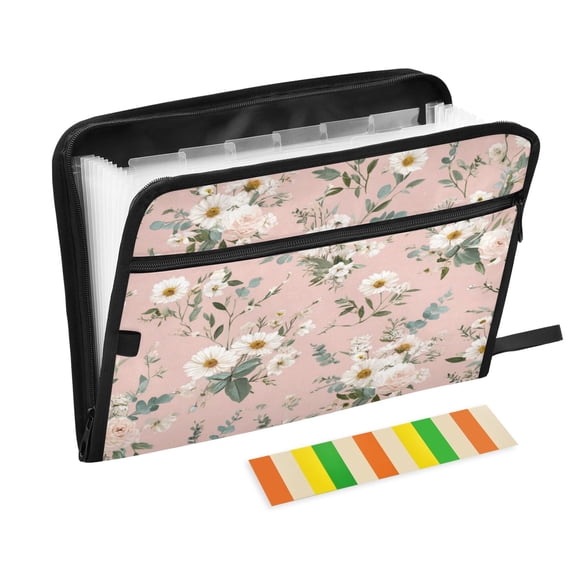 Accordion File Organizer with Zip Closure 13 Pockets Expanding File Folder Letter A4 Paper Document Organizer for Home Office Small White and Pink Flowers