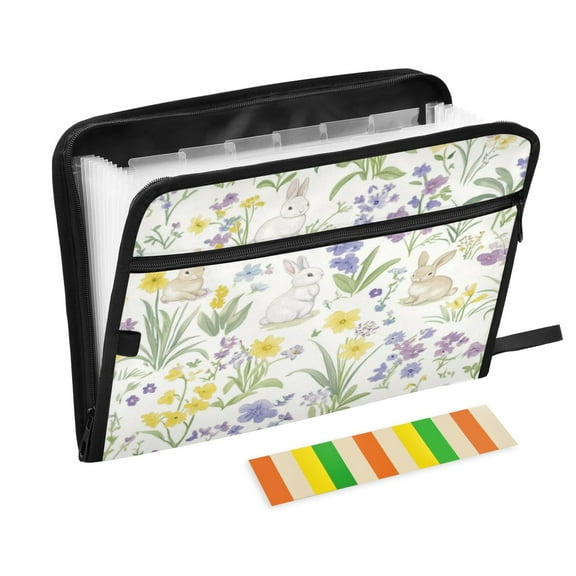 Accordion File Organizer with Zip Closure 13 Pockets Expanding File Folder Letter A4 Paper Document Organizer for Home Office Spring Garden with Bunnies