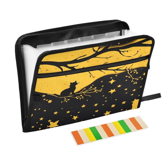 Accordion File Organizer with Zip Closure 13 Pockets Expanding File Folder Letter A4 Paper Document Organizer for Home Office Starry Night Sky with Cat