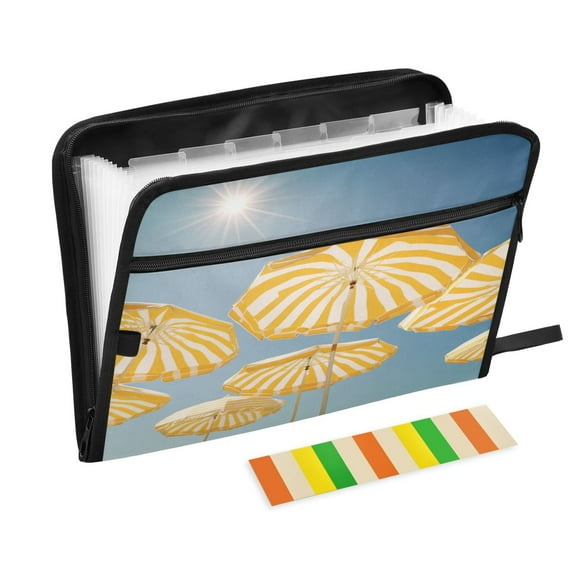 Accordion File Organizer with Zip Closure 13 Pockets Expanding File Folder Letter A4 Paper Document Organizer for Home Office Striped Beach Umbrellas Pattern