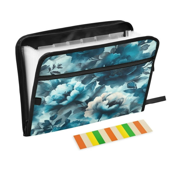 Accordion File Organizer with Zip Closure 13 Pockets Expanding File Folder Letter A4 Paper Document Organizer for Home Office Teal Elegant Floral Pattern