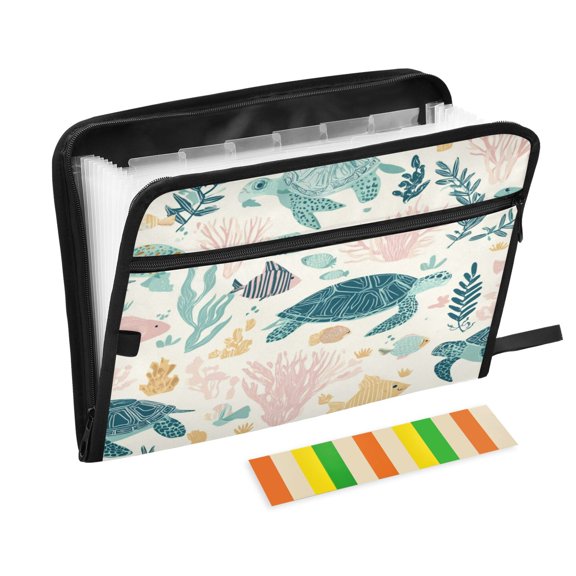 Accordion File Organizer with Zip Closure 13 Pockets Expanding File Folder Letter A4 Paper Document Organizer for Home Office Turtles and Sea Plants Pattern
