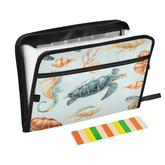 Accordion File Organizer with Zip Closure 13 Pockets Expanding File Folder Letter A4 Paper Document Organizer for Home Office Turtles Seahorses and Fish Pattern