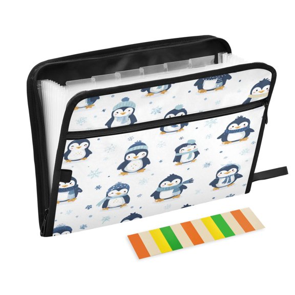 Accordion File Organizer with Zip Closure 13 Pockets Expanding File Folder Letter A4 Paper Document Organizer for Home Office Various Poses Penguin Patterns
