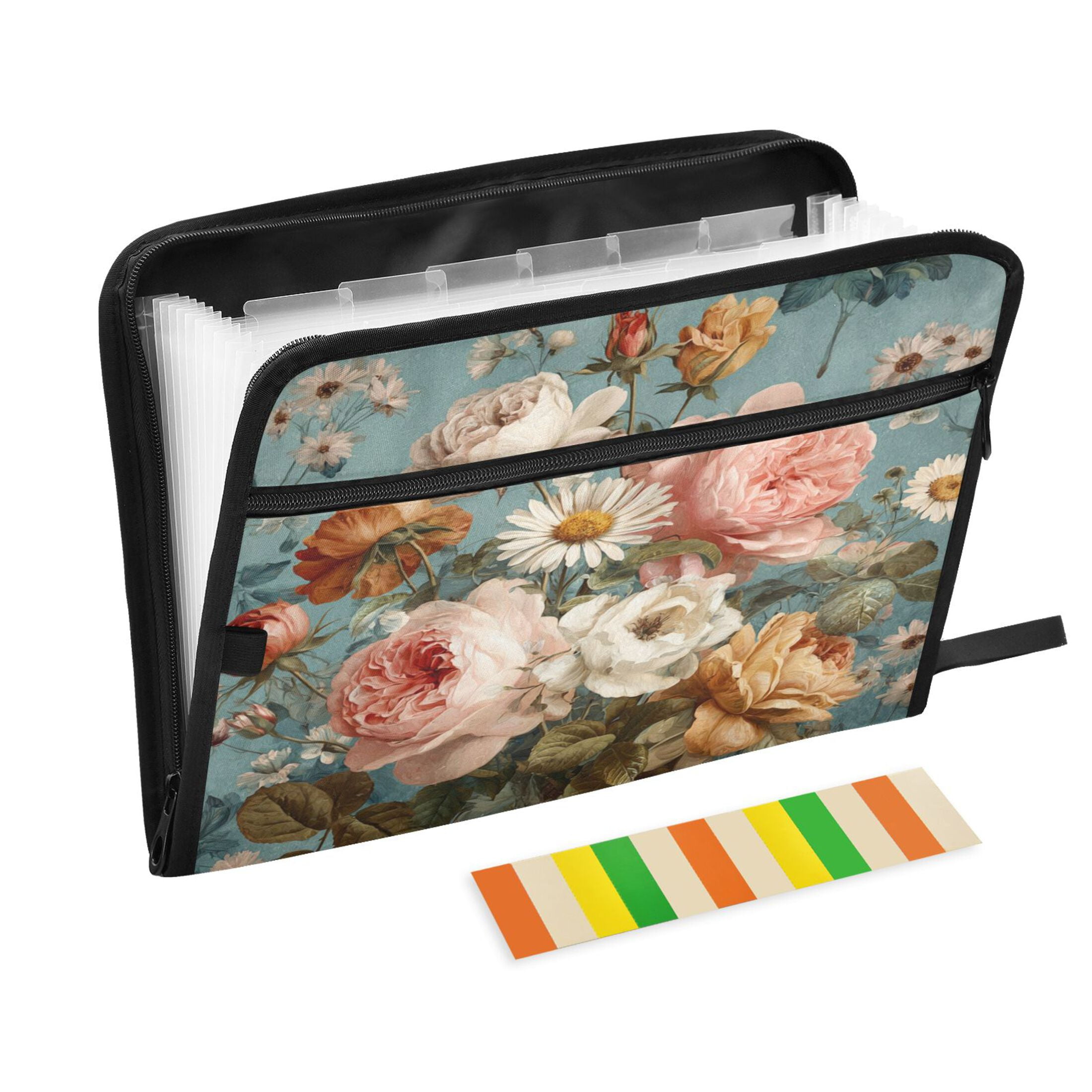 Accordion File Organizer with Zip Closure 13 Pockets Expanding File Folder Letter A4 Paper Document Organizer for Home Office Vintage Roses and Peonies