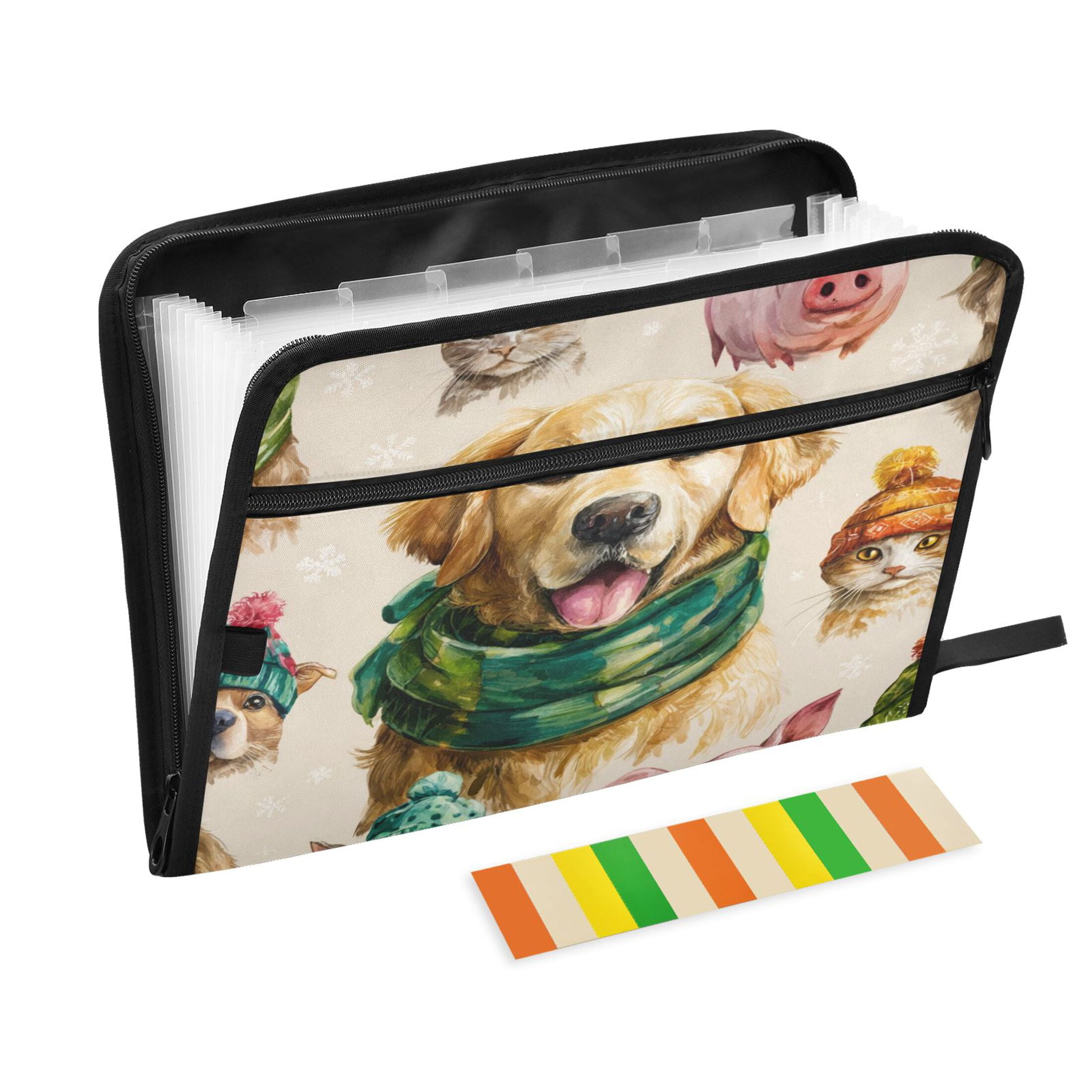 Accordion File Organizer with Zip Closure 13 Pockets Expanding File Folder Letter A4 Paper Document Organizer for Home Office Watercolor Animals Pattern