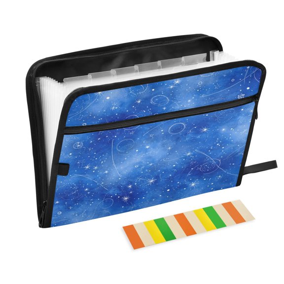 Accordion File Organizer with Zip Closure 13 Pockets Expanding File Folder Letter A4 Paper Document Organizer for Home Office Watercolor Blue Space Pattern