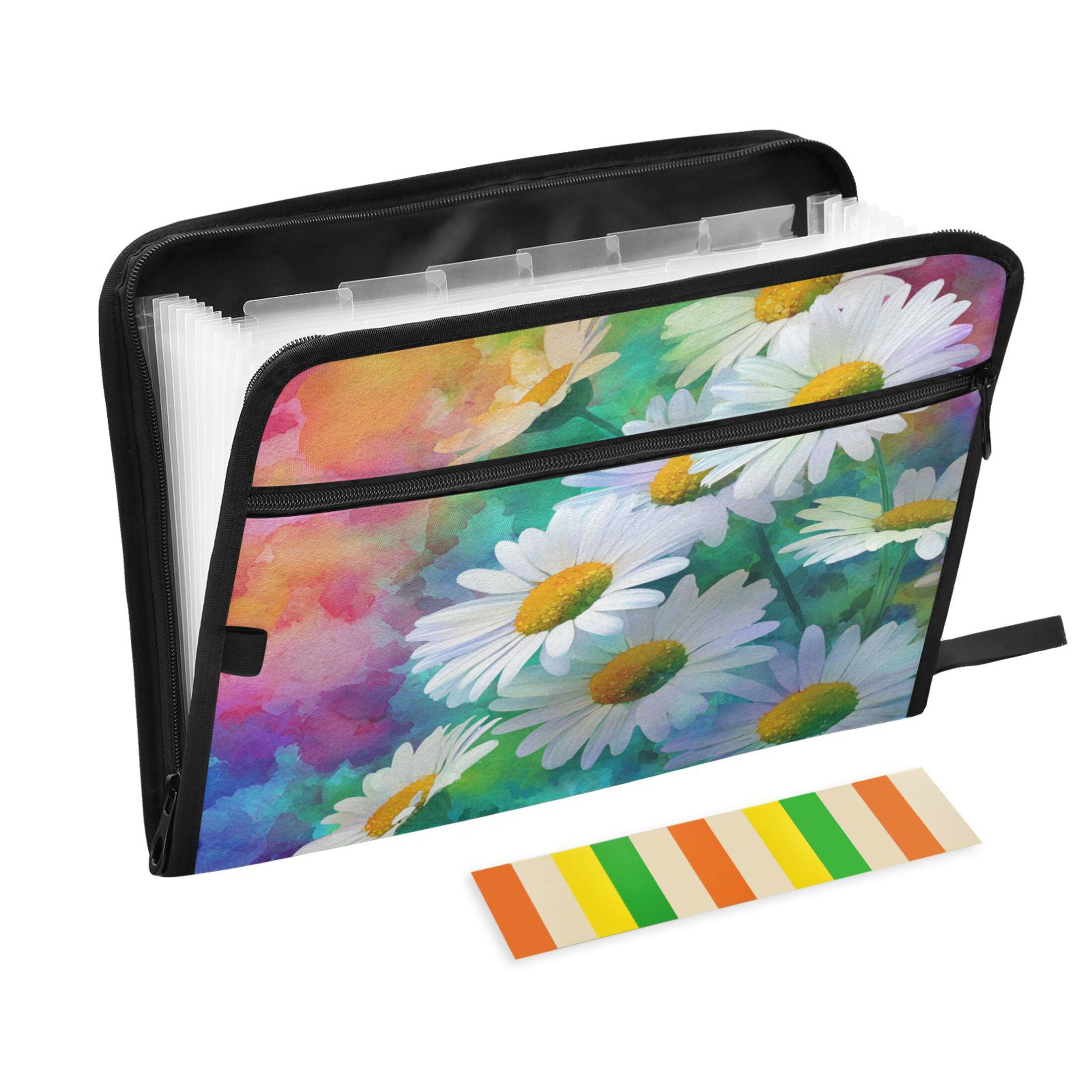 Accordion File Organizer with Zip Closure 13 Pockets Expanding File Folder Letter A4 Paper Document Organizer for Home Office Watercolor Daisies Pattern