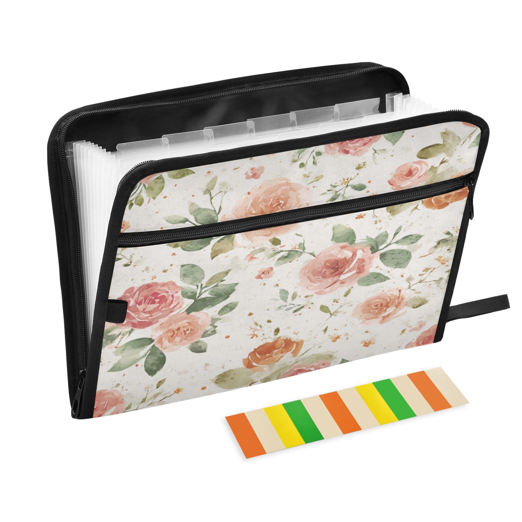 Accordion File Organizer with Zip Closure 13 Pockets Expanding File Folder Letter A4 Paper Document Organizer for Home Office Watercolor Rose Floral Pattern