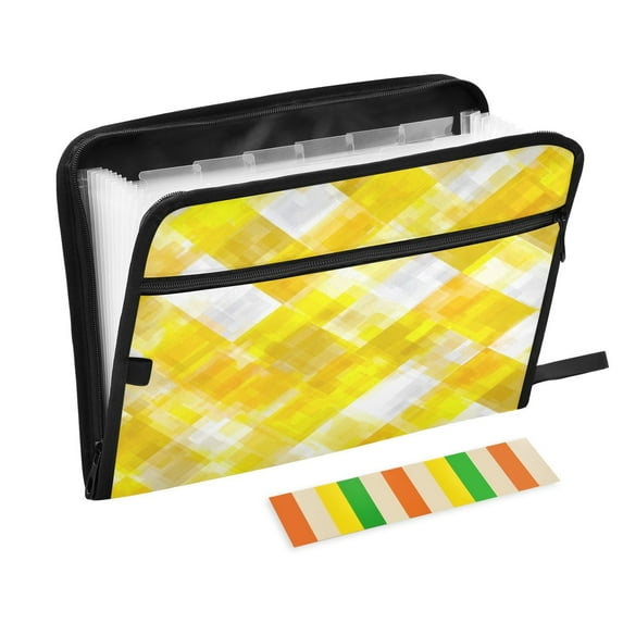 Accordion File Organizer with Zip Closure 13 Pockets Expanding File Folder Letter A4 Paper Document Organizer for Home Office Yellow and White Checkered Squares