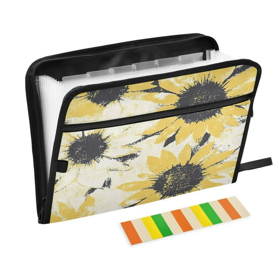 Accordion File Organizer with Zip Closure 13 Pockets Expanding File Folder Letter A4 Paper Document Organizer for Home Office Yellow and White Sunflower