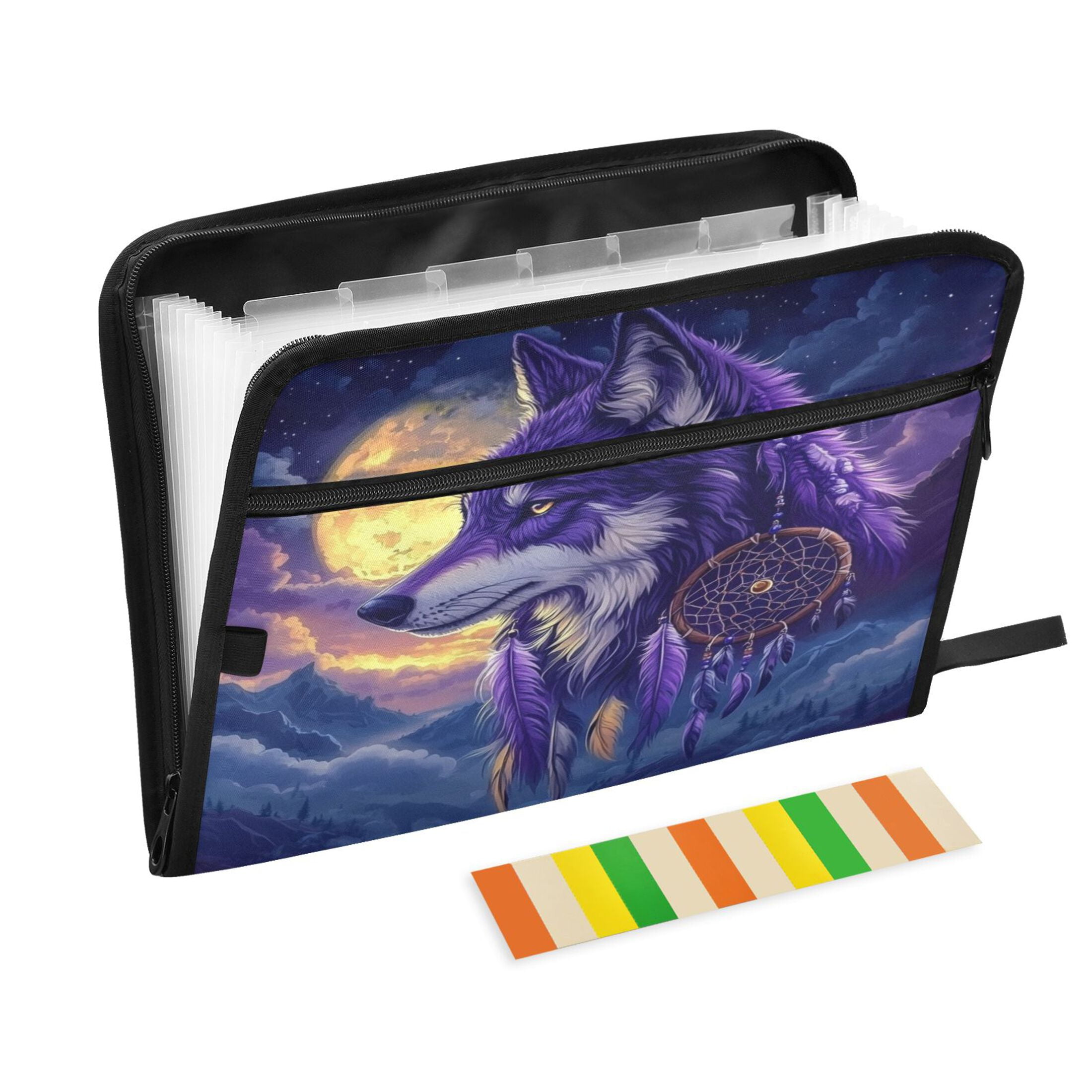 Accordion File Organizer with Zip Closure 13 Pockets Expanding File Folder Letter A4 Paper Document Organizer for Home Office A Beautiful Wolf