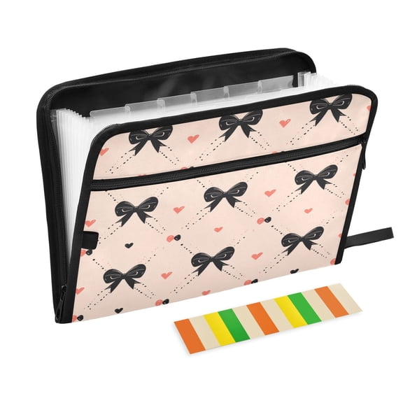 Accordion File Organizer with Zip Closure 13 Pockets Expanding File Folder Letter A4 Paper Document Organizer for Home Office Black Bows Pattern