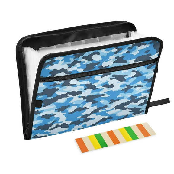 Accordion File Organizer with Zip Closure 13 Pockets Expanding File Folder Letter A4 Paper Document Organizer for Home Office Blue Camouflage Pattern