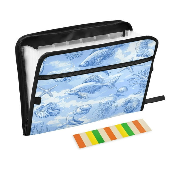 Accordion File Organizer with Zip Closure 13 Pockets Expanding File Folder Letter A4 Paper Document Organizer for Home Office Blue Marine Life