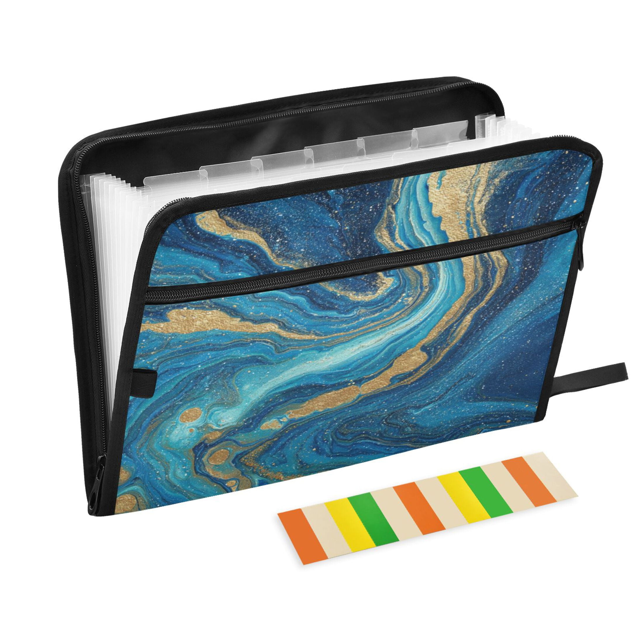 Accordion File Organizer with Zip Closure 13 Pockets Expanding File Folder Letter A4 Paper Document Organizer for Home Office Blue and Gold Ocean