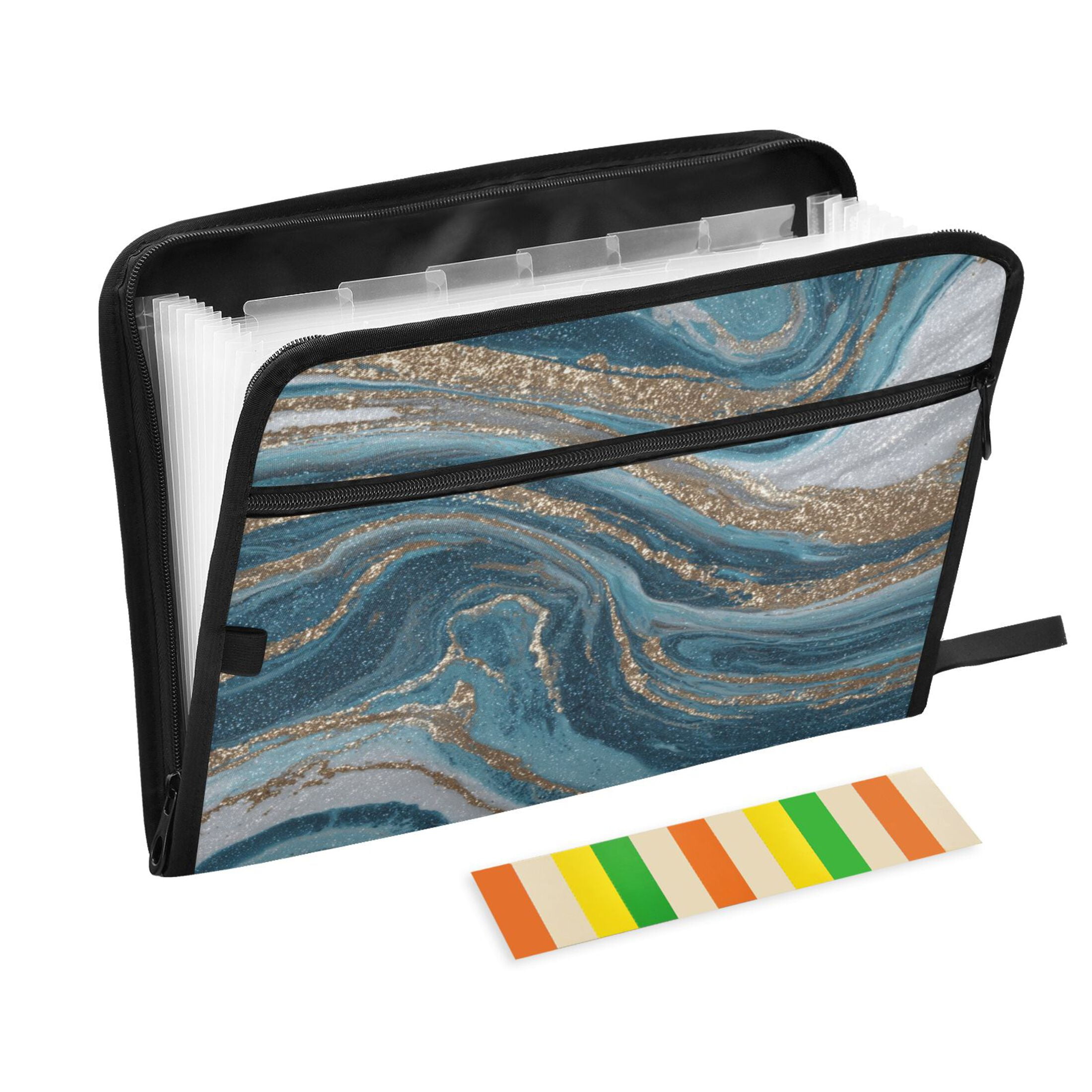 Accordion File Organizer with Zip Closure 13 Pockets Expanding File Folder Letter A4 Paper Document Organizer for Home Office Blue and Gold Swirling