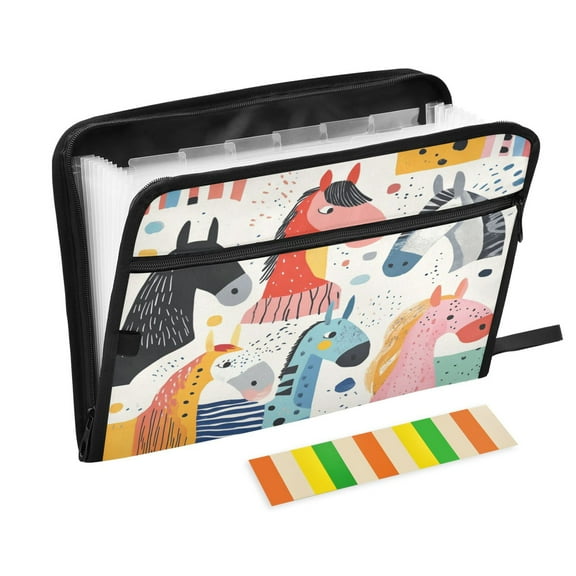 Accordion File Organizer with Zip Closure 13 Pockets Expanding File Folder Letter A4 Paper Document Organizer for Home Office Colorful Horses