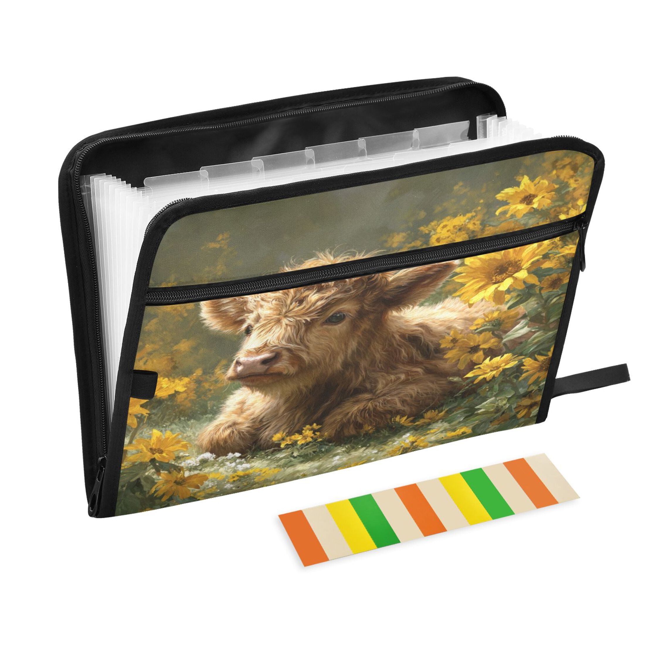 Accordion File Organizer with Zip Closure 13 Pockets Expanding File Folder Letter A4 Paper Document Organizer for Home Office Cow Lying in Sunflowers