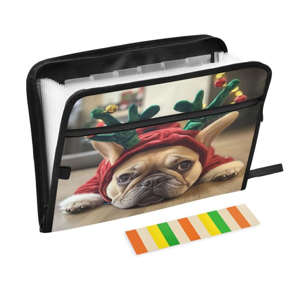 Accordion File Organizer with Zip Closure 13 Pockets Expanding File Folder Letter A4 Paper Document Organizer for Home Office Cute French Bulldog