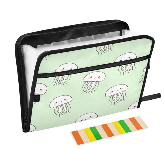 Accordion File Organizer with Zip Closure 13 Pockets Expanding File Folder Letter A4 Paper Document Organizer for Home Office Cute White Jellyfish
