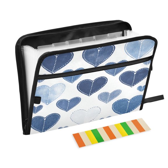 Accordion File Organizer with Zip Closure 13 Pockets Expanding File Folder Letter A4 Paper Document Organizer for Home Office Denim Heart Pattern