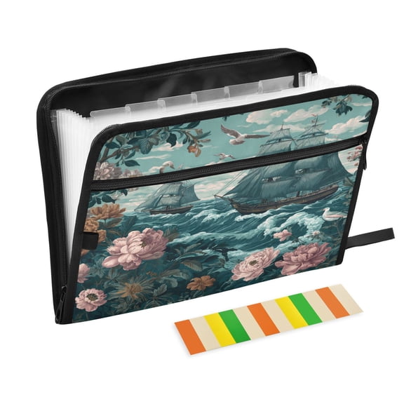 Accordion File Organizer with Zip Closure 13 Pockets Expanding File Folder Letter A4 Paper Document Organizer for Home Office Elegant Nautical Scene