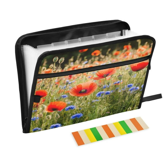 Accordion File Organizer with Zip Closure 13 Pockets Expanding File Folder Letter A4 Paper Document Organizer for Home Office Field Of Wildflowers