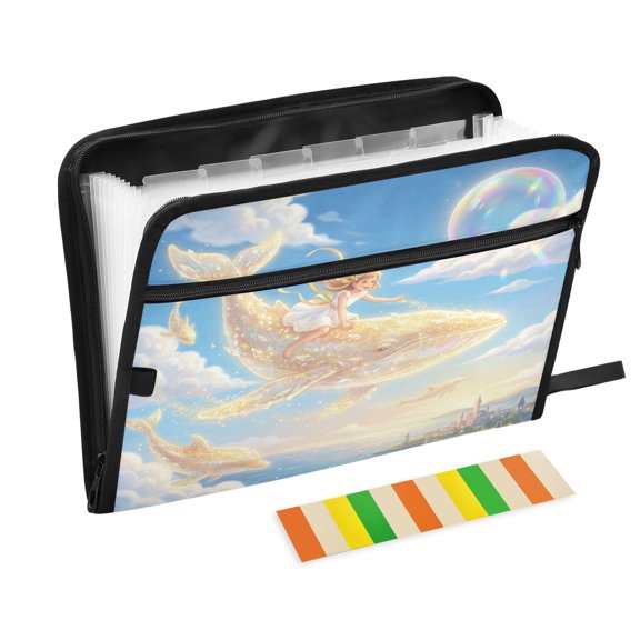 Accordion File Organizer with Zip Closure 13 Pockets Expanding File Folder Letter A4 Paper Document Organizer for Home Office Giant Golden Whale