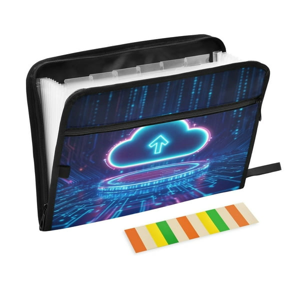 Accordion File Organizer with Zip Closure 13 Pockets Expanding File Folder Letter A4 Paper Document Organizer for Home Office Glowing Cloud Icon