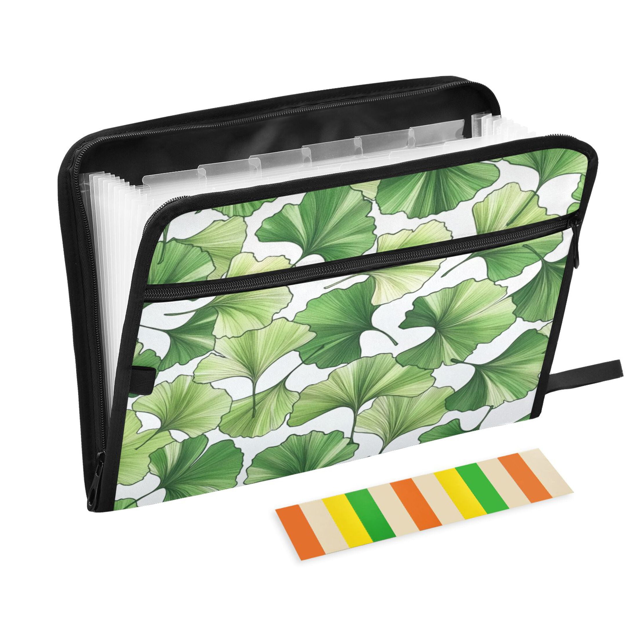 Accordion File Organizer with Zip Closure 13 Pockets Expanding File Folder Letter A4 Paper Document Organizer for Home Office Green Ginkgo Biloba