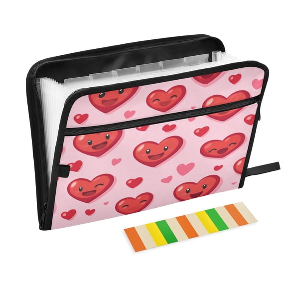 Accordion File Organizer with Zip Closure 13 Pockets Expanding File Folder Letter A4 Paper Document Organizer for Home Office Heart-shaped Emoticons
