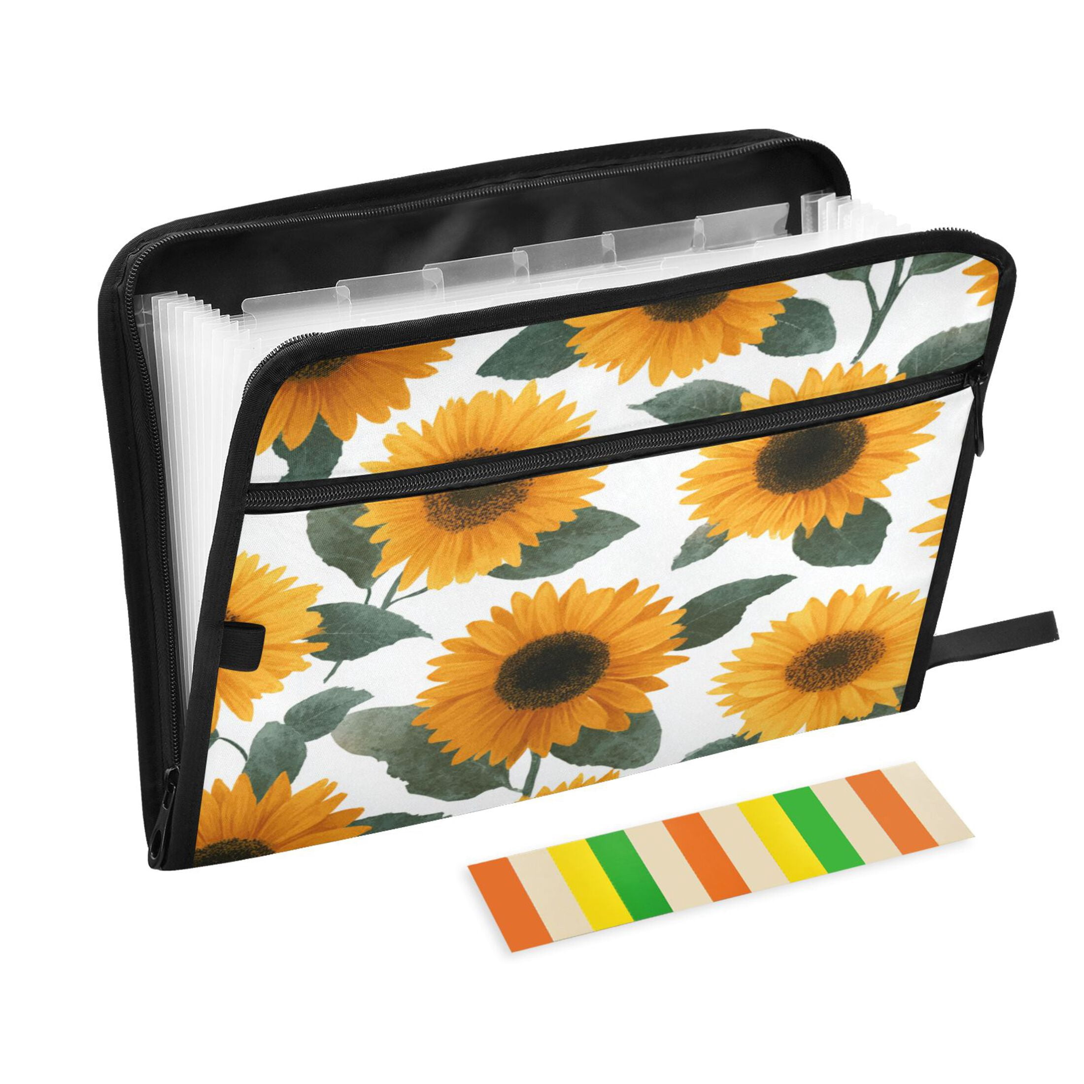 Accordion File Organizer with Zip Closure 13 Pockets Expanding File Folder Letter A4 Paper Document Organizer for Home Office Orange Sunflowers