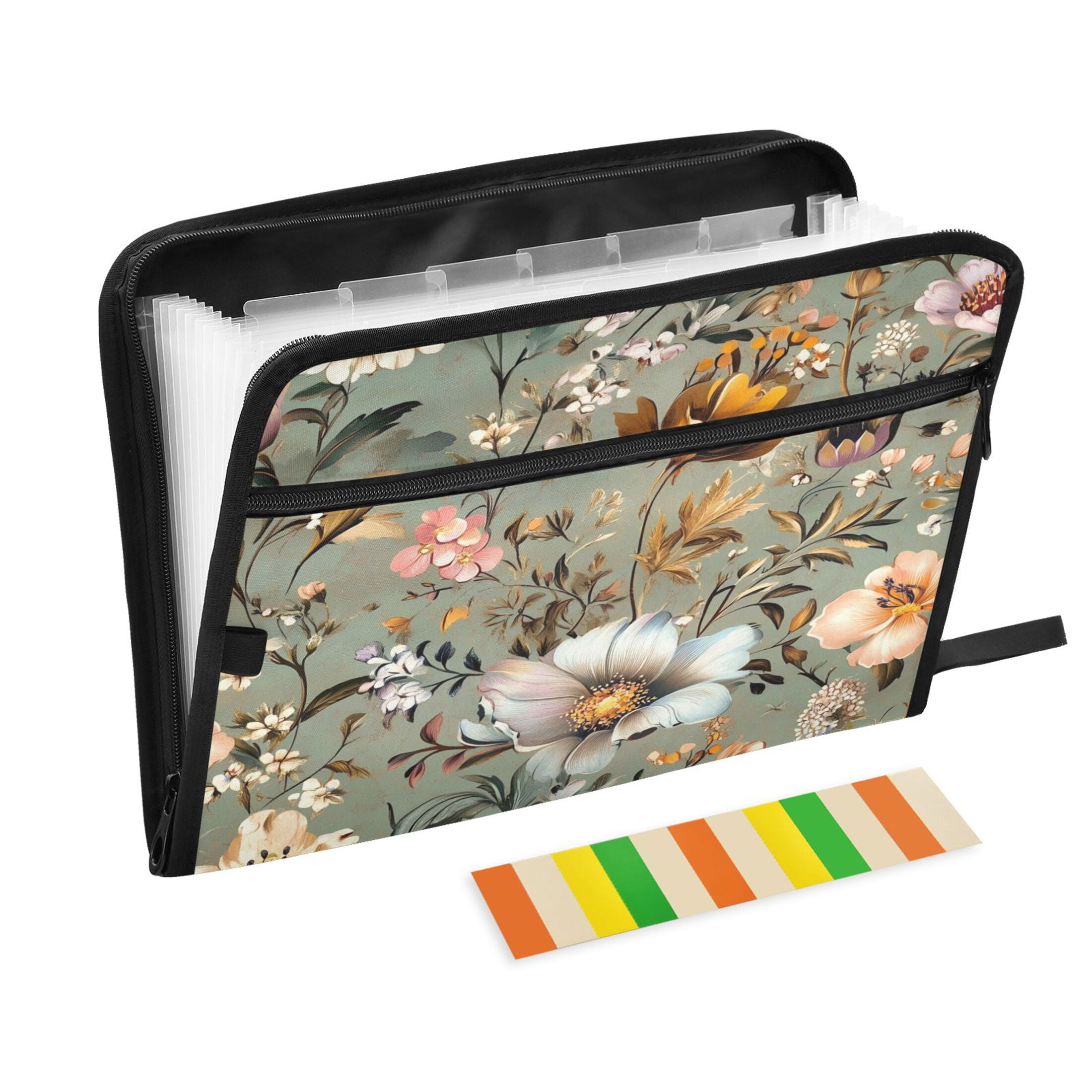 Accordion File Organizer with Zip Closure 13 Pockets Expanding File Folder Letter A4 Paper Document Organizer for Home Office Pastel Vintage Floral