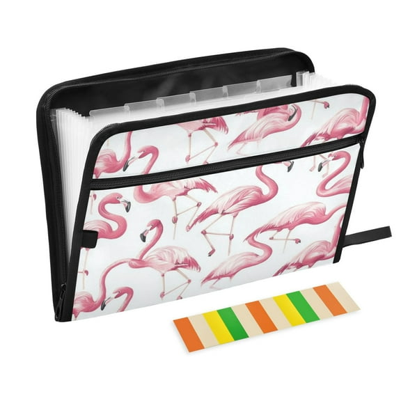 Accordion File Organizer with Zip Closure 13 Pockets Expanding File Folder Letter A4 Paper Document Organizer for Home Office Pink Flamingos Pattern