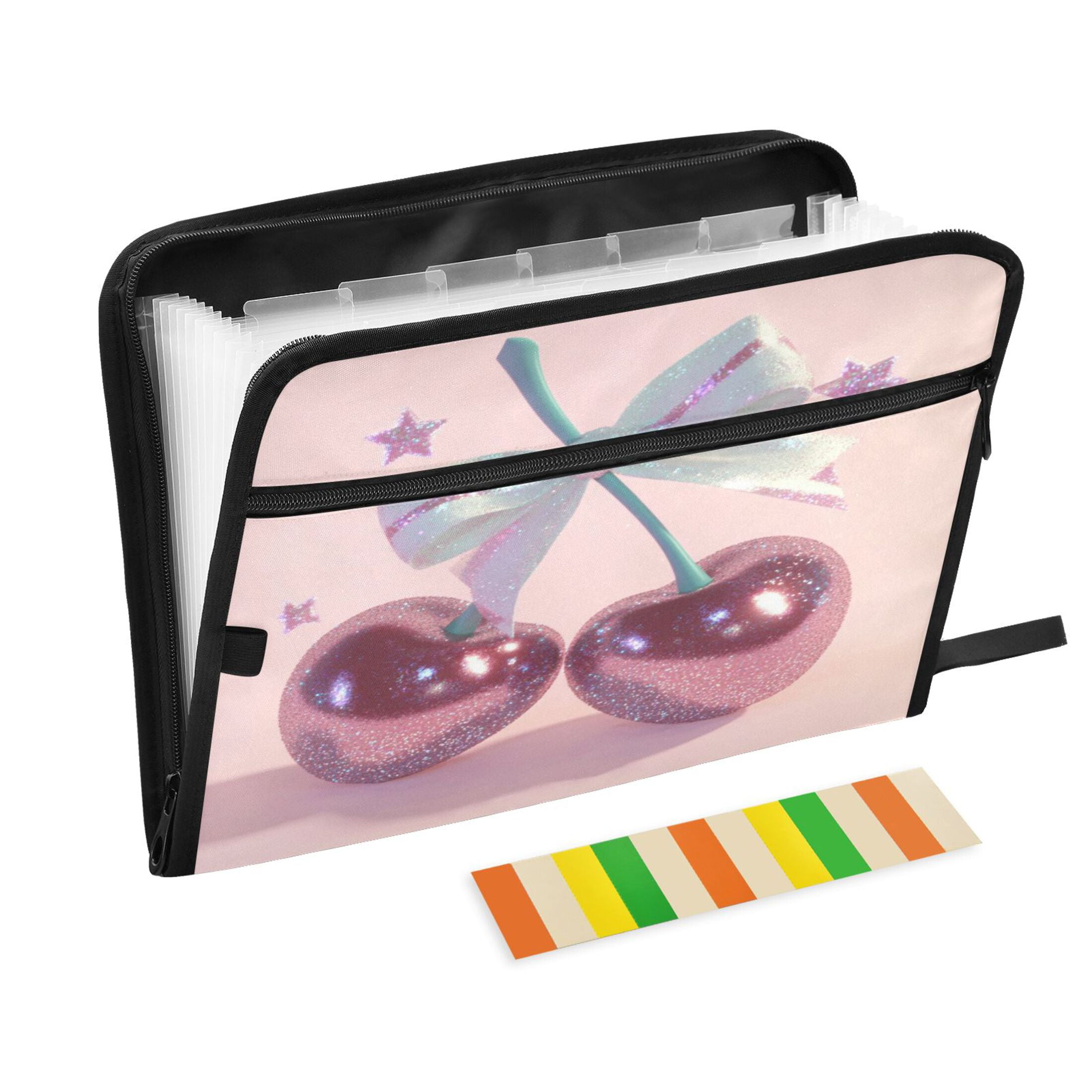Accordion File Organizer with Zip Closure 13 Pockets Expanding File Folder Letter A4 Paper Document Organizer for Home Office Pink Large Cherries