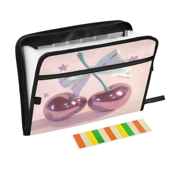 Accordion File Organizer with Zip Closure 13 Pockets Expanding File Folder Letter A4 Paper Document Organizer for Home Office Pink Large Cherries