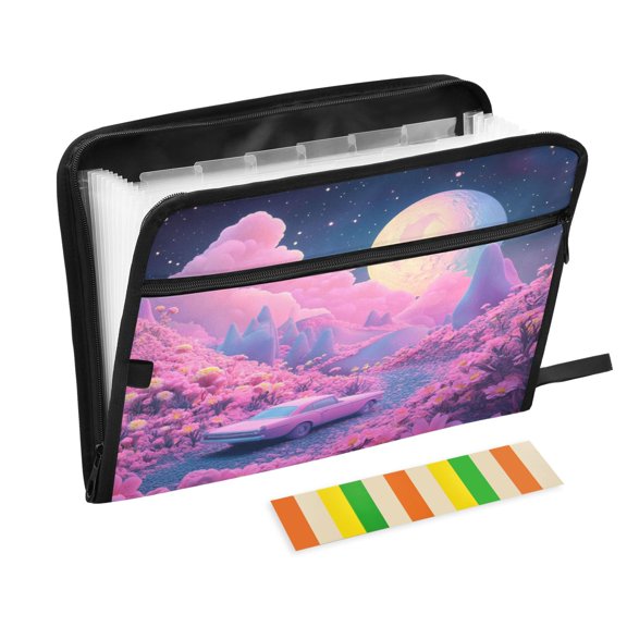 Accordion File Organizer with Zip Closure 13 Pockets Expanding File Folder Letter A4 Paper Document Organizer for Home Office Pink Planet with Clouds