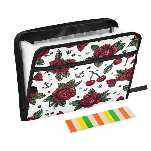 Accordion File Organizer with Zip Closure 13 Pockets Expanding File Folder Letter A4 Paper Document Organizer for Home Office Red Roses and Cherries