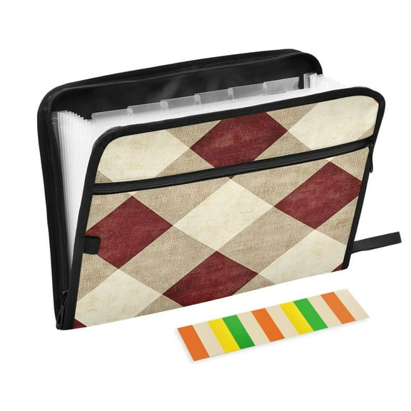 Accordion File Organizer with Zip Closure 13 Pockets Expanding File Folder Letter A4 Paper Document Organizer for Home Office Red and Beige Checkered