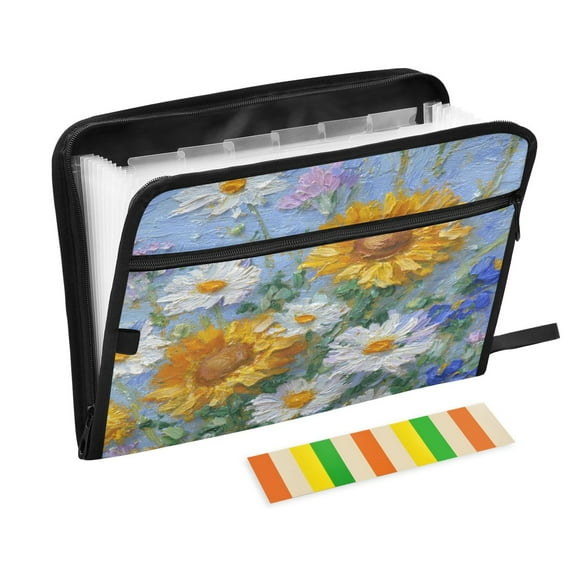 Accordion File Organizer with Zip Closure 13 Pockets Expanding File Folder Letter A4 Paper Document Organizer for Home Office Sunflowers and Daisies