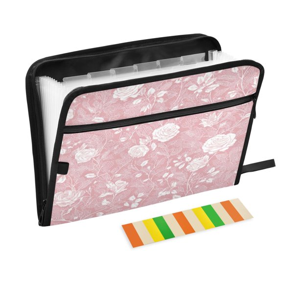 Accordion File Organizer with Zip Closure 13 Pockets Expanding File Folder Letter A4 Paper Document Organizer for Home Office White Roses and Vines