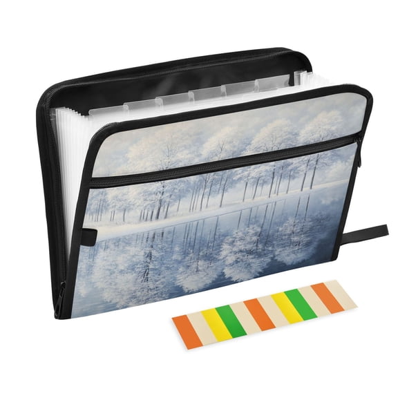 Accordion File Organizer with Zip Closure 13 Pockets Expanding File Folder Letter A4 Paper Document Organizer for Home Office White Trees with Frost