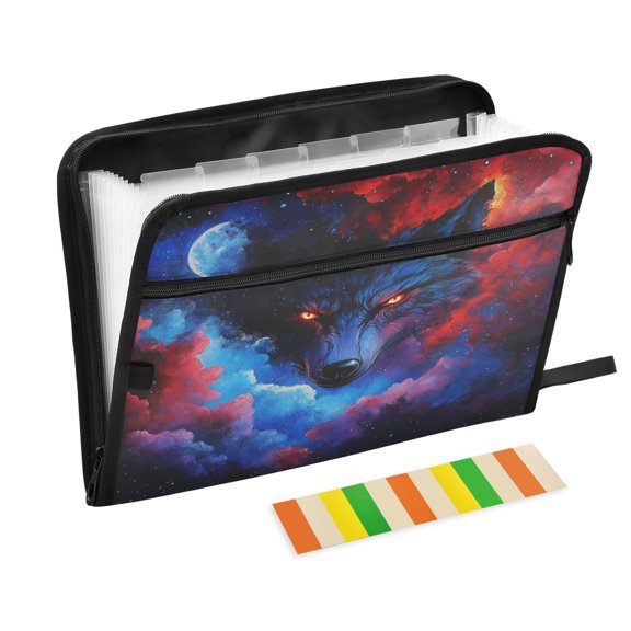 Accordion File Organizer with Zip Closure 13 Pockets Expanding File Folder Letter A4 Paper Document Organizer for Home Office Wolf Face and Moon