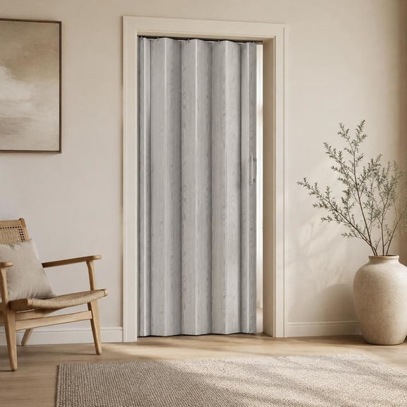 Accordion Folding Door, 32 in Wide, Grey, PVC Material, Interior Privacy Room Divider with Magnetic Closure
