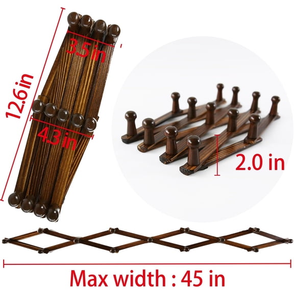 Accordion Style Expandable Wall Wooden Coat Rack 13 Hooks (Pegs) Hang Hats Jackets Coffee Mug Purses Necklaces Towels Cap Leash Scarves Data Line Kitchenware,Walnut