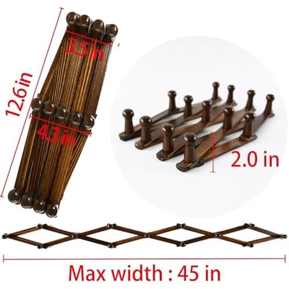 Accordion Style Expandable Wall Wooden Coat Rack 13 Hooks (Pegs) Hang Hats Jackets Coffee Mug Purses Necklaces Towels Cap Leash Scarves Data Line Kitchenware (Walnut Color)
