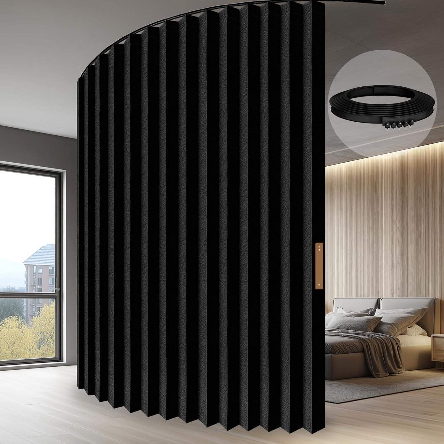 Accordion-Style Room Divider with Ceiling Track - Foldable Partition Curtain, Easy Installation(Black 100" W x 108" L-Pack of 1)