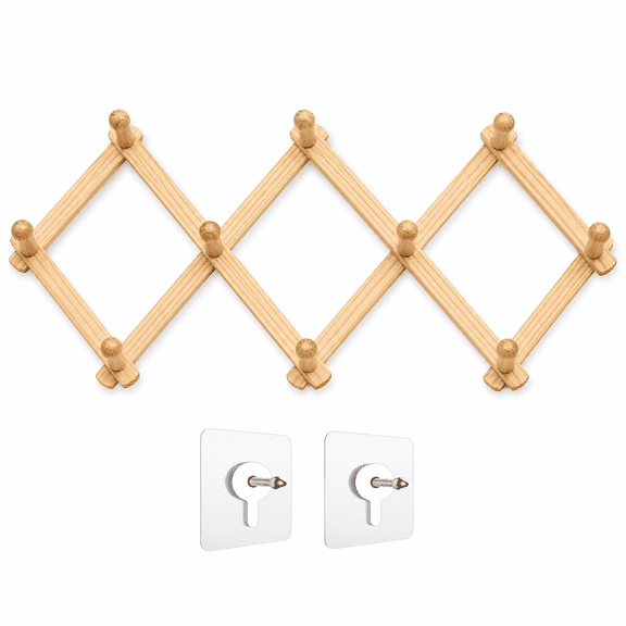 Kawihcie Accordion Style Wood Expandable Wall Rack with 10 Pegs, 1 Pack